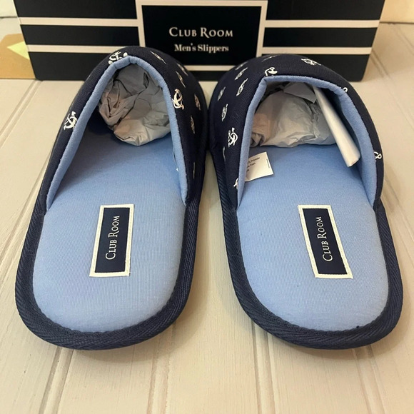 Club Room Mens Anchor Slippers Navy Blue Slip On Size Medium 8-9 New In Box - Picture 10 of 13
